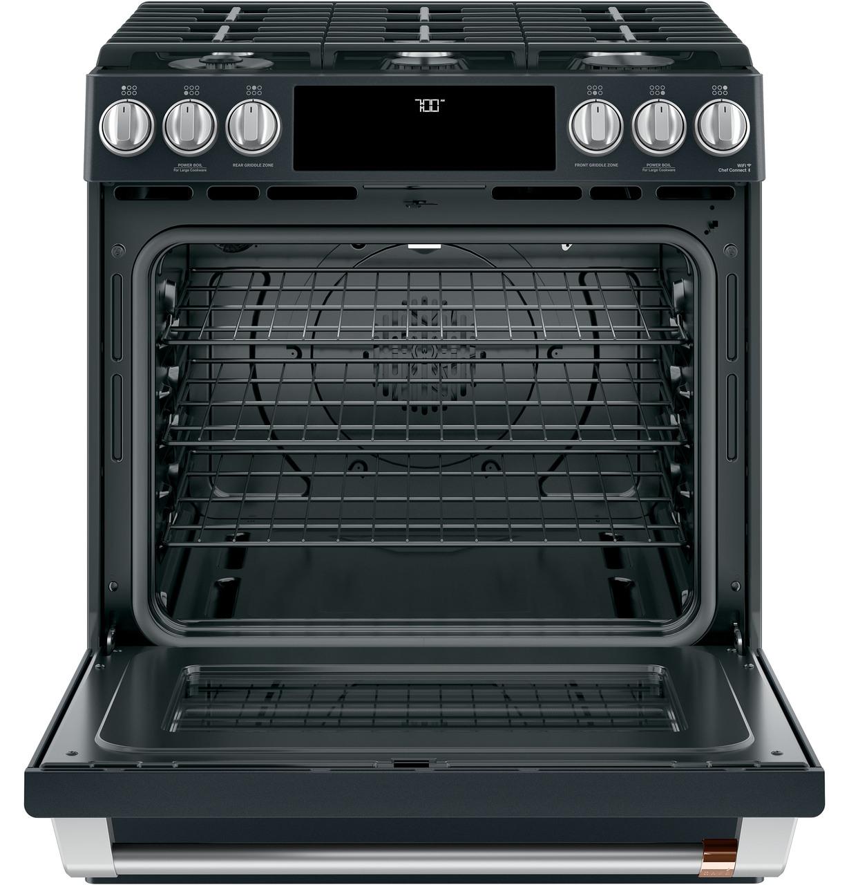 Cafe Caf(eback)™ 30" Smart Slide-In, Front-Control, Gas Range with Convection Oven