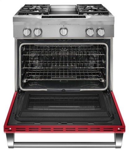 Kitchenaid KDRS463VSD 36'' 4-Burner with Griddle, Dual Fuel Freestanding Range, Commercial-Style - Signature Red