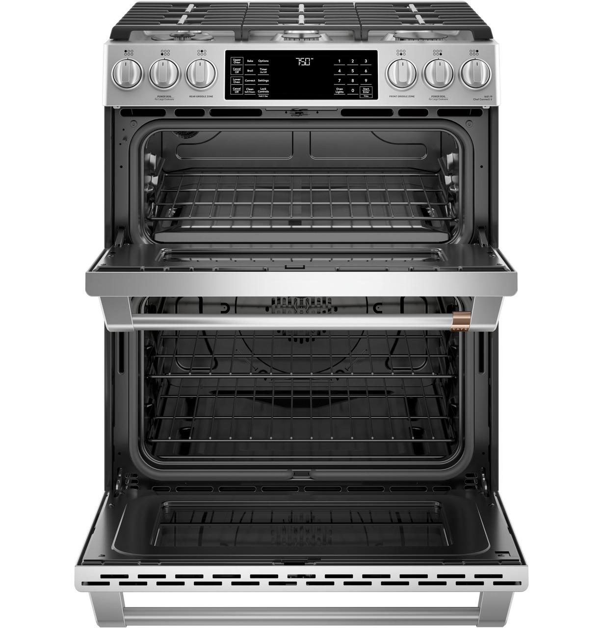 Cafe Caf(eback)™ 30" Smart Slide-In, Front-Control, Gas Double-Oven Range with Convection