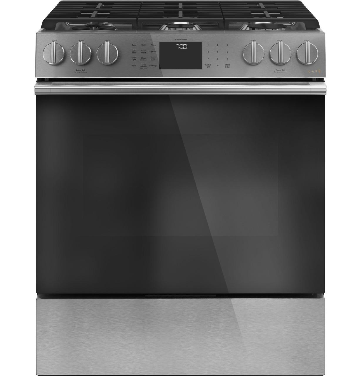 Cafe CGS700M2NS5 CAF(EBACK)™ 30" Smart Slide-In, Front-Control, Gas Range with Convection Oven in Platinum Glass