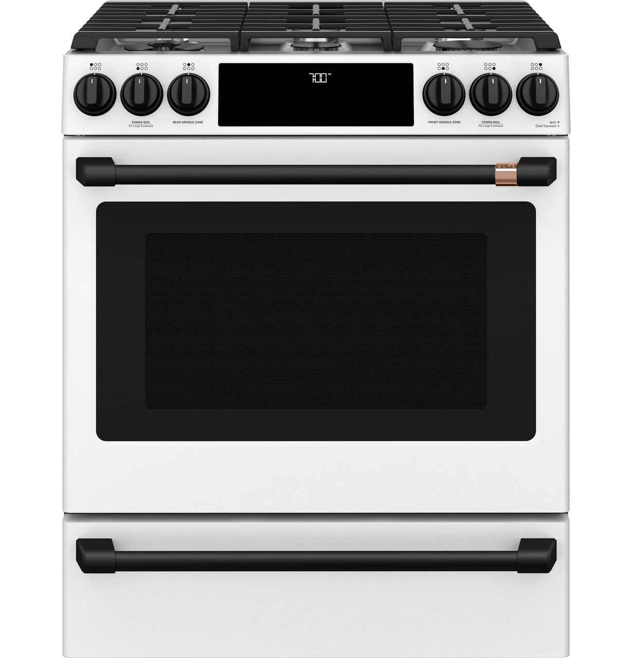 Cafe Caf(eback)™ 30" Smart Slide-In, Front-Control, Gas Range with Convection Oven