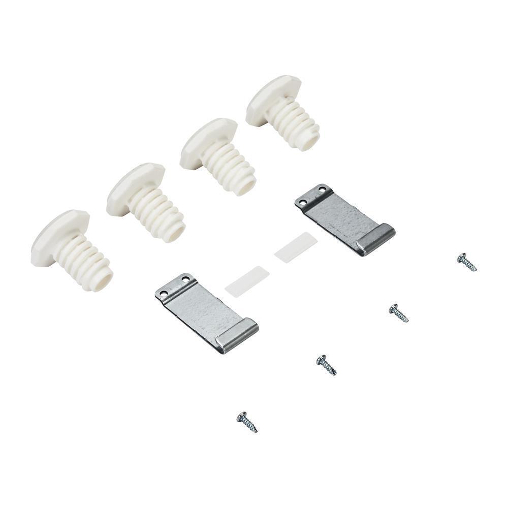 Whirlpool W10869845 Washer & Dryer Stacking Kit for 24", with hooked galvanized steel brackets, 4 leveling dryer feet, 2 clips, and 4 screws