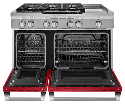Kitchenaid KDRS483VSD 48'' 6-Burner with Griddle, Dual Fuel Freestanding Range, Commercial-Style Signature Red