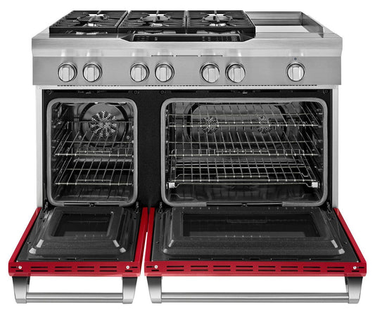 Kitchenaid KDRS483VSD 48'' 6-Burner with Griddle, Dual Fuel Freestanding Range, Commercial-Style Signature Red