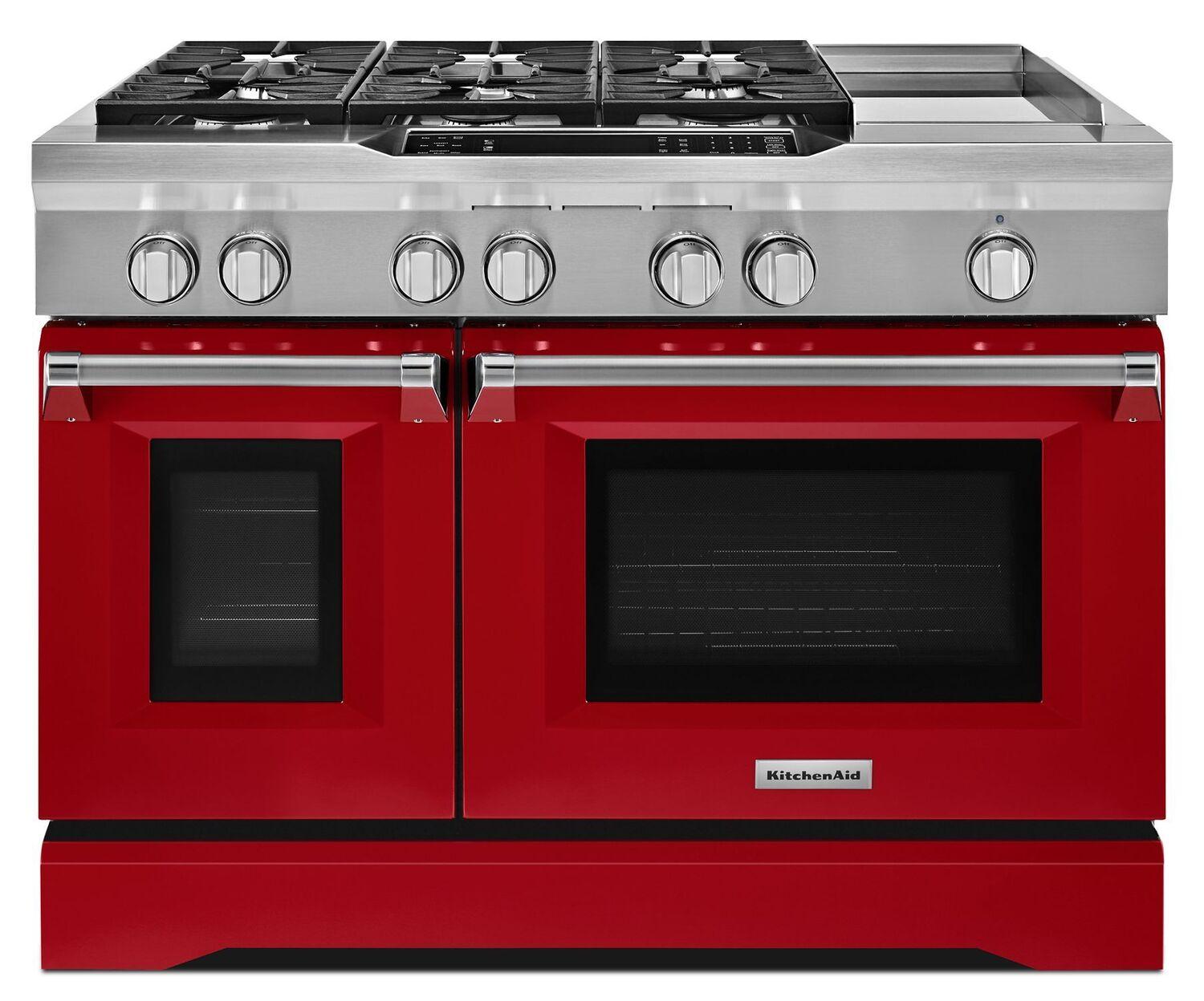 Kitchenaid 48'' 6-Burner with Griddle, Dual Fuel Freestanding Range, Commercial-Style Signature Red