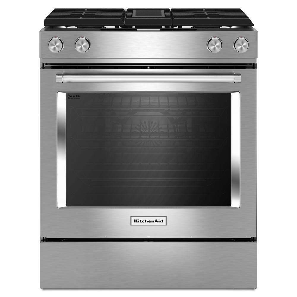 Kitchenaid 30-Inch 4-Burner Dual Fuel Downdraft Slide-In Range