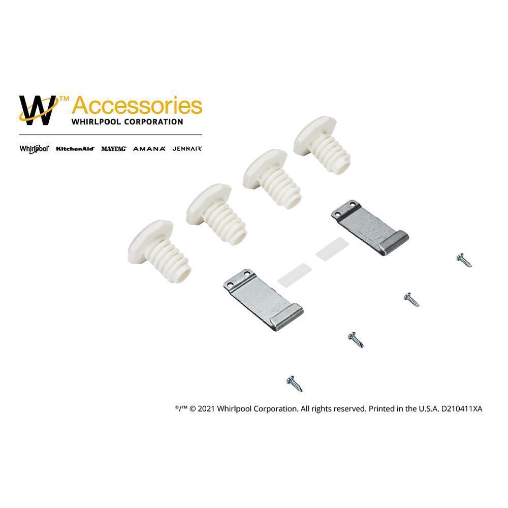 Whirlpool W10869845 Washer & Dryer Stacking Kit for 24", with hooked galvanized steel brackets, 4 leveling dryer feet, 2 clips, and 4 screws