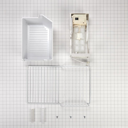Whirlpool W11424126 Refrigerator Ice Maker Assembly, White, with the icemaker, ice bin, water valve, hardware, and instructions