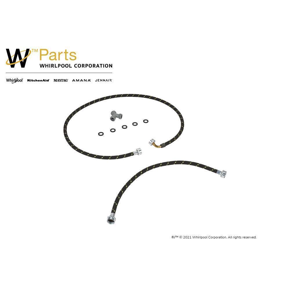 Whirlpool W10623830 2' and 5' Black braided steam dryer hose kit with 90-degree elbow, Y-connector, and 5 washers - 1 pack