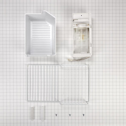 Whirlpool W11424126 Refrigerator Ice Maker Assembly, White, with the icemaker, ice bin, water valve, hardware, and instructions