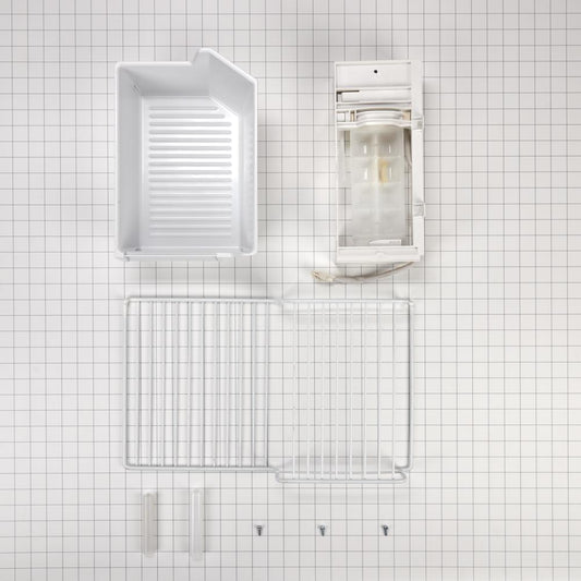 Whirlpool W11424126 Refrigerator Ice Maker Assembly, White, with the icemaker, ice bin, water valve, hardware, and instructions