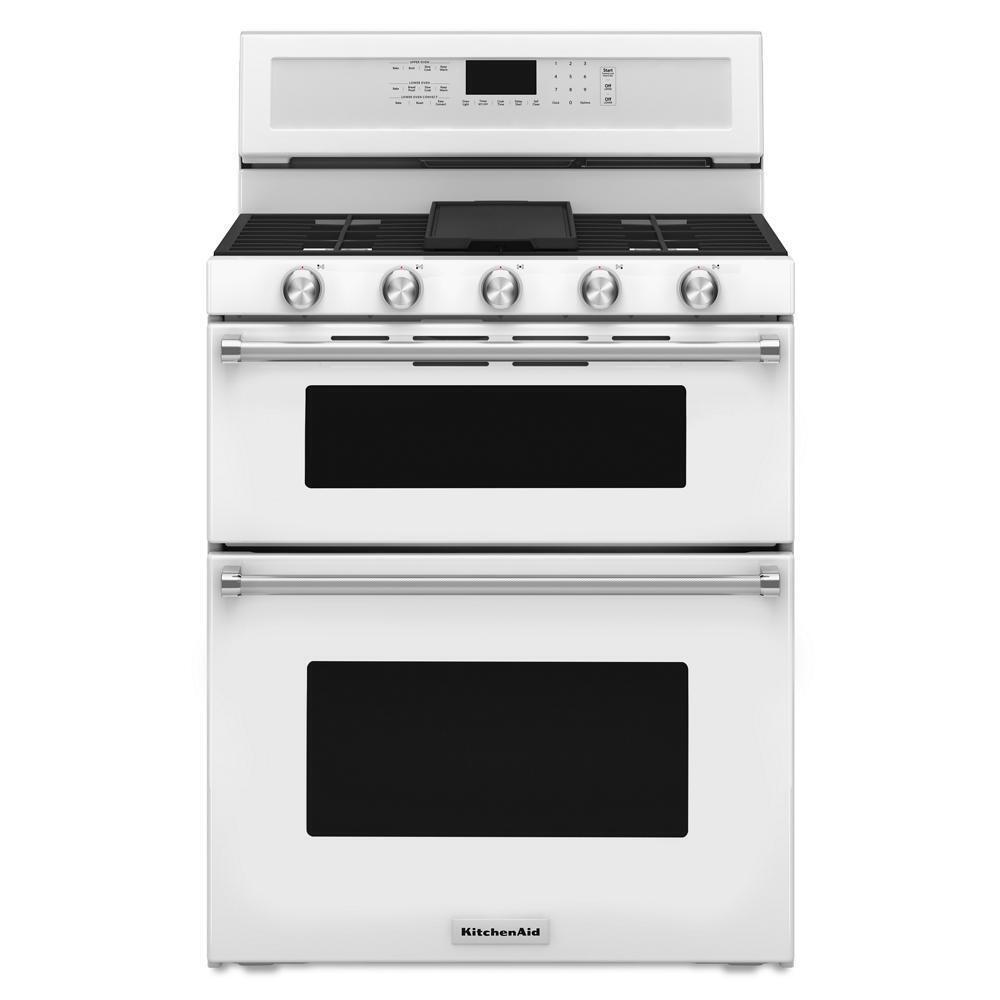 Kitchenaid KFGD500EWH 30-Inch 5 Burner Gas Double Oven Convection Range