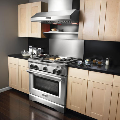 Whirlpool W10225949 Stainless Steel Backsplash with Dual Position Shelf, measures 36" W x 22" H - for 36" Range or Cooktop