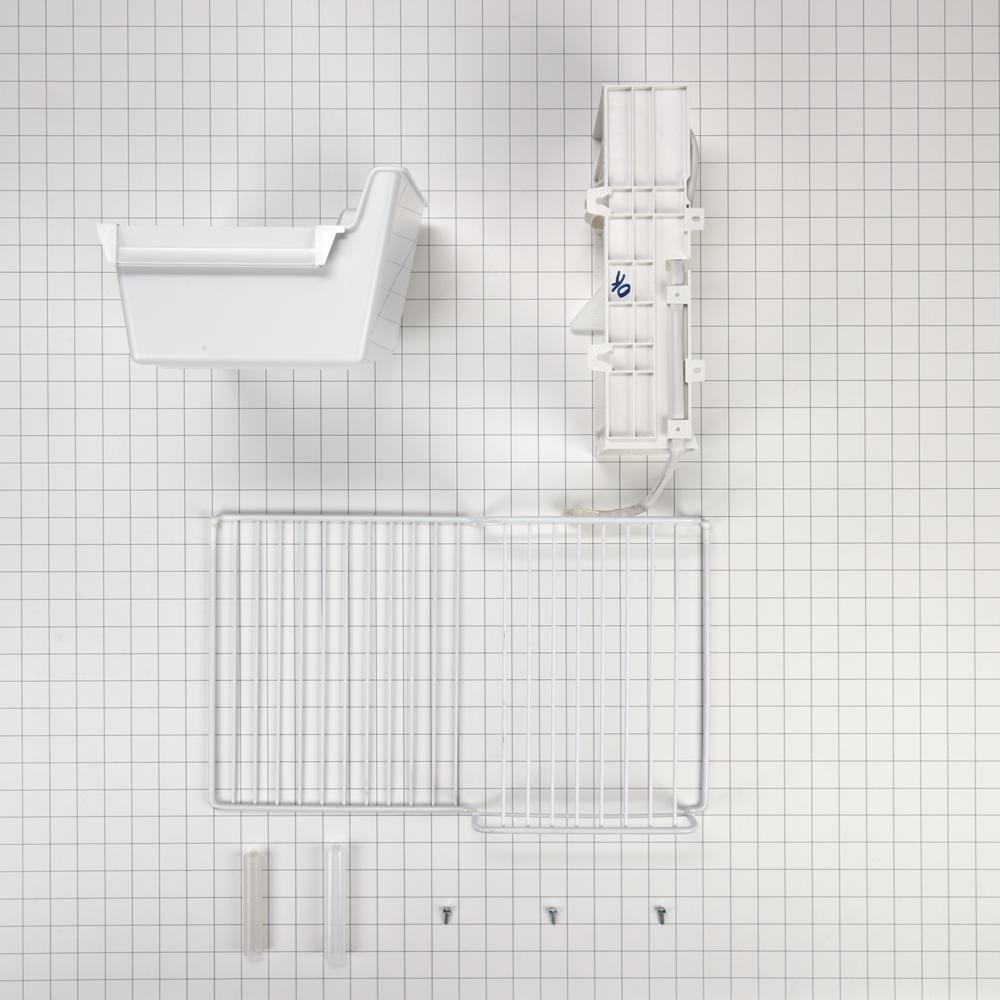 Whirlpool W11424126 Refrigerator Ice Maker Assembly, White, with the icemaker, ice bin, water valve, hardware, and instructions