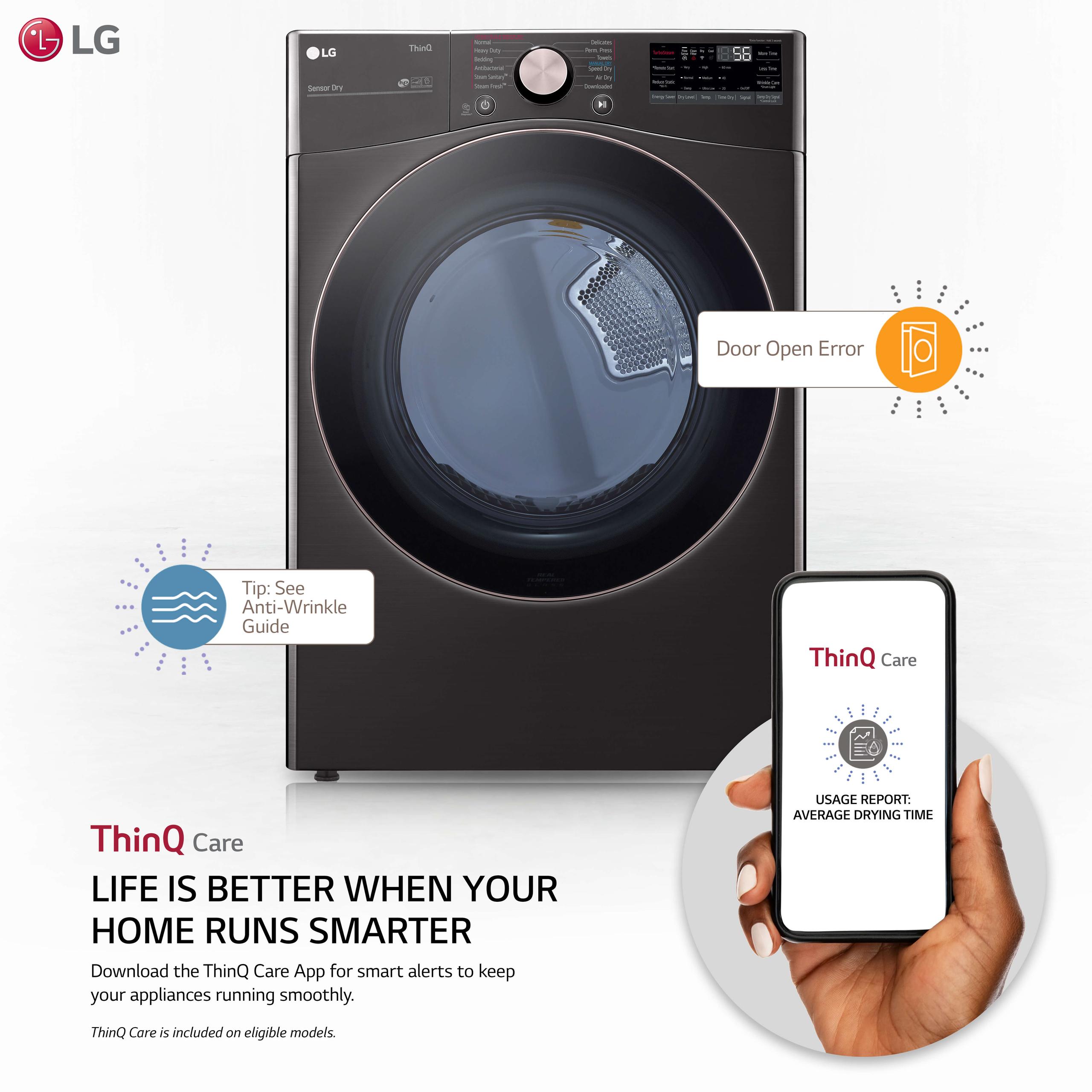 Lg 7.4 cu. ft. Ultra Large Capacity Smart wi-fi Enabled Front Load Gas Dryer with TurboSteam™ and Built-In Intelligence