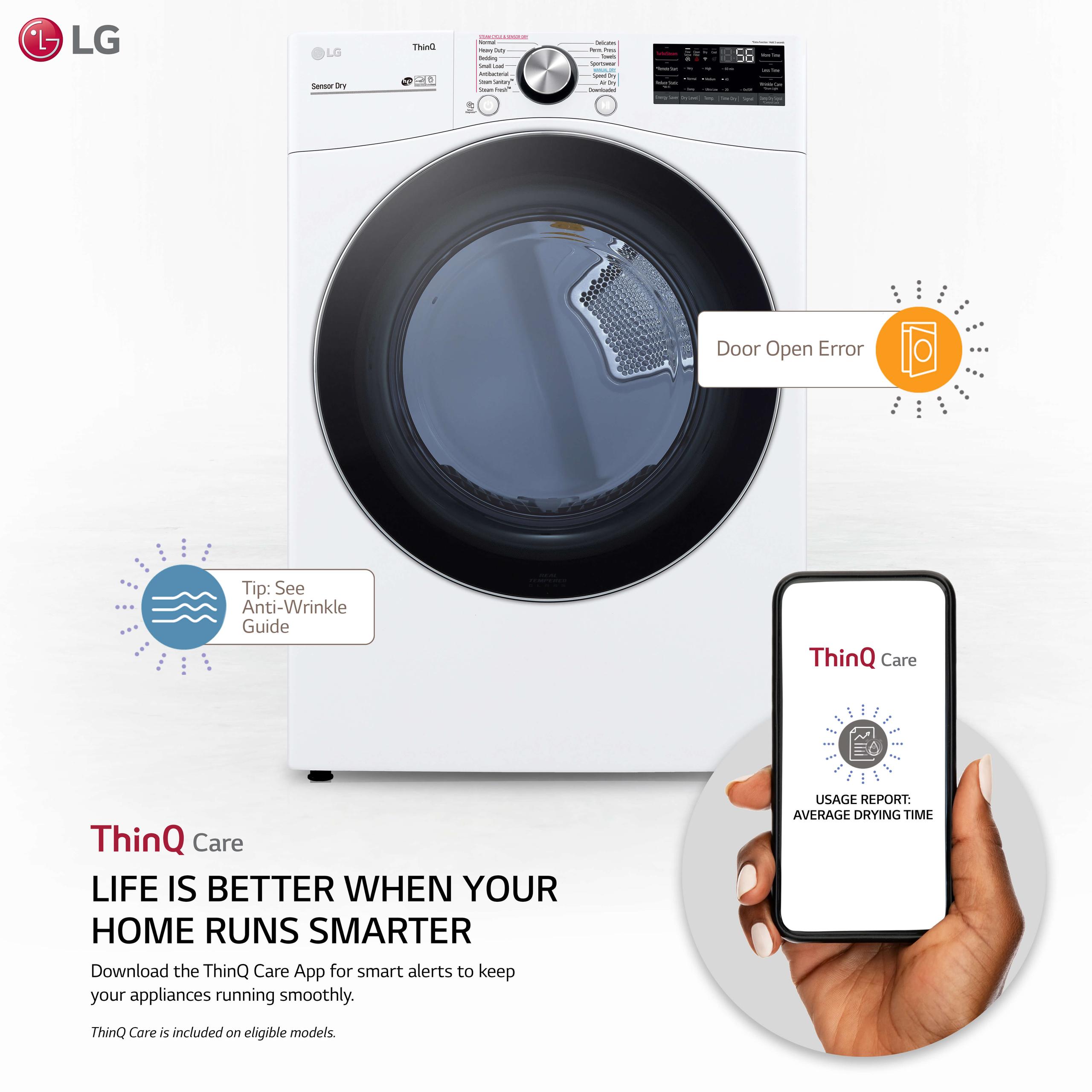 LG LG 7.3 Cu. ft. Ultra Large Capacity Smart Wi-Fi Enabled Rear Control Electric Dryer with TurboSteam - White