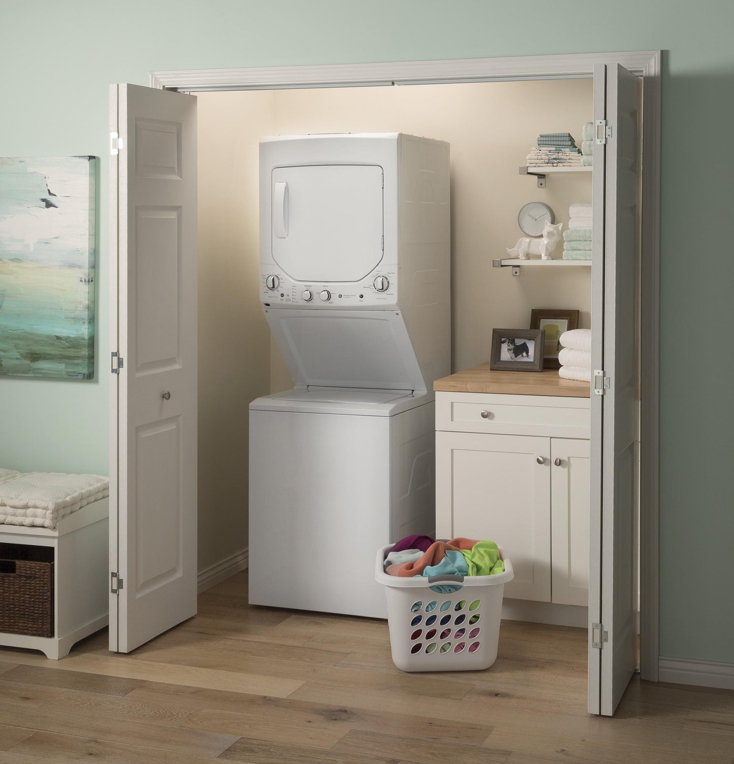 GUD24GSSMWW GE Unitized Spacemaker® 2.3 cu. ft. Capacity Washer with Stainless Steel Basket and 4.4 cu. ft. Capacity Gas Dryer