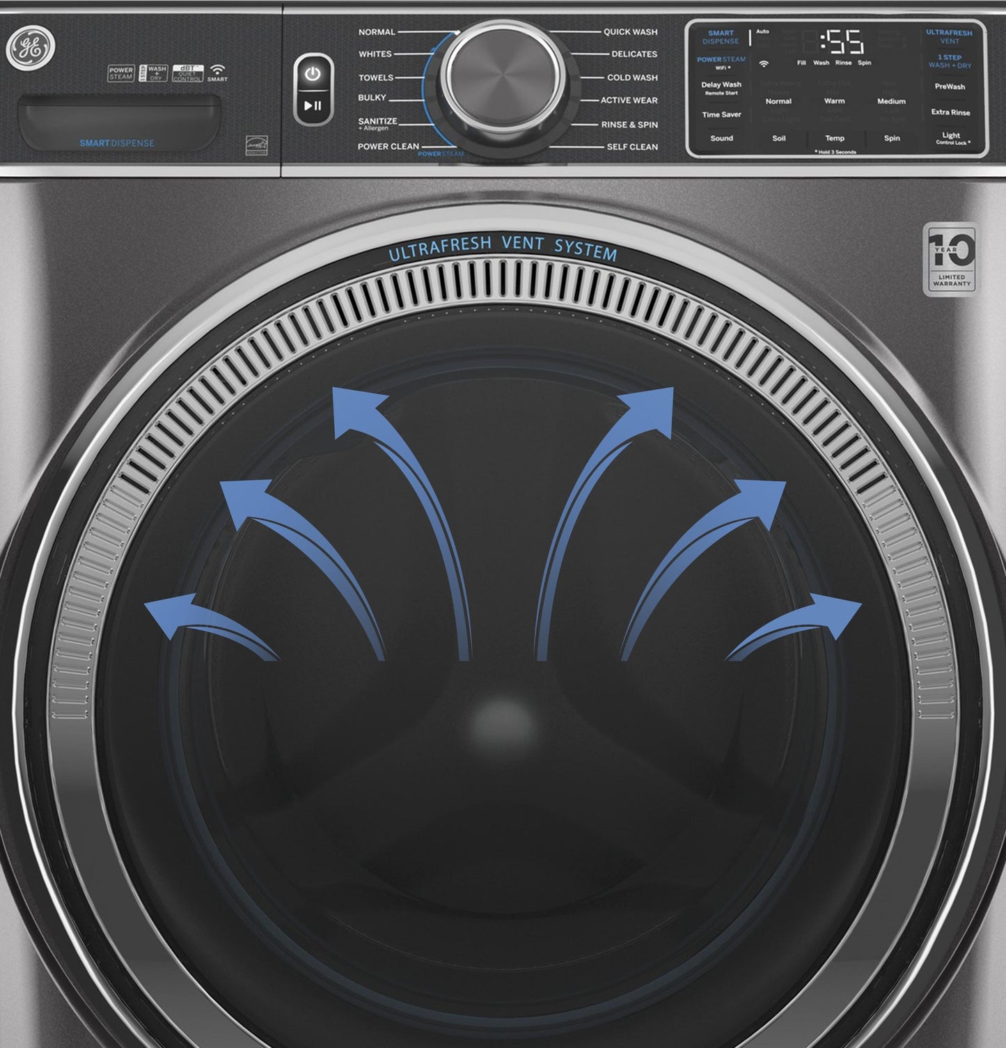 GE® ENERGY STAR® 5.0 cu. ft. Capacity Smart Front Load Steam Washer with SmartDispense™ UltraFresh Vent System with OdorBlock™ and Sanitize   Allergen