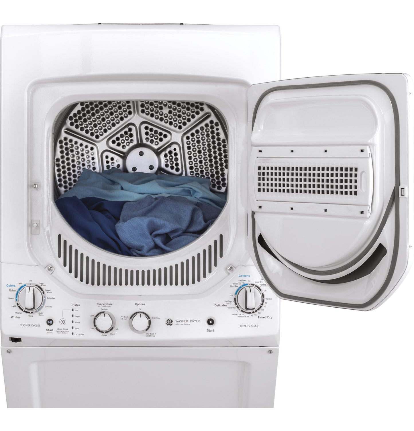 GUD24GSSMWW GE Unitized Spacemaker® 2.3 cu. ft. Capacity Washer with Stainless Steel Basket and 4.4 cu. ft. Capacity Gas Dryer