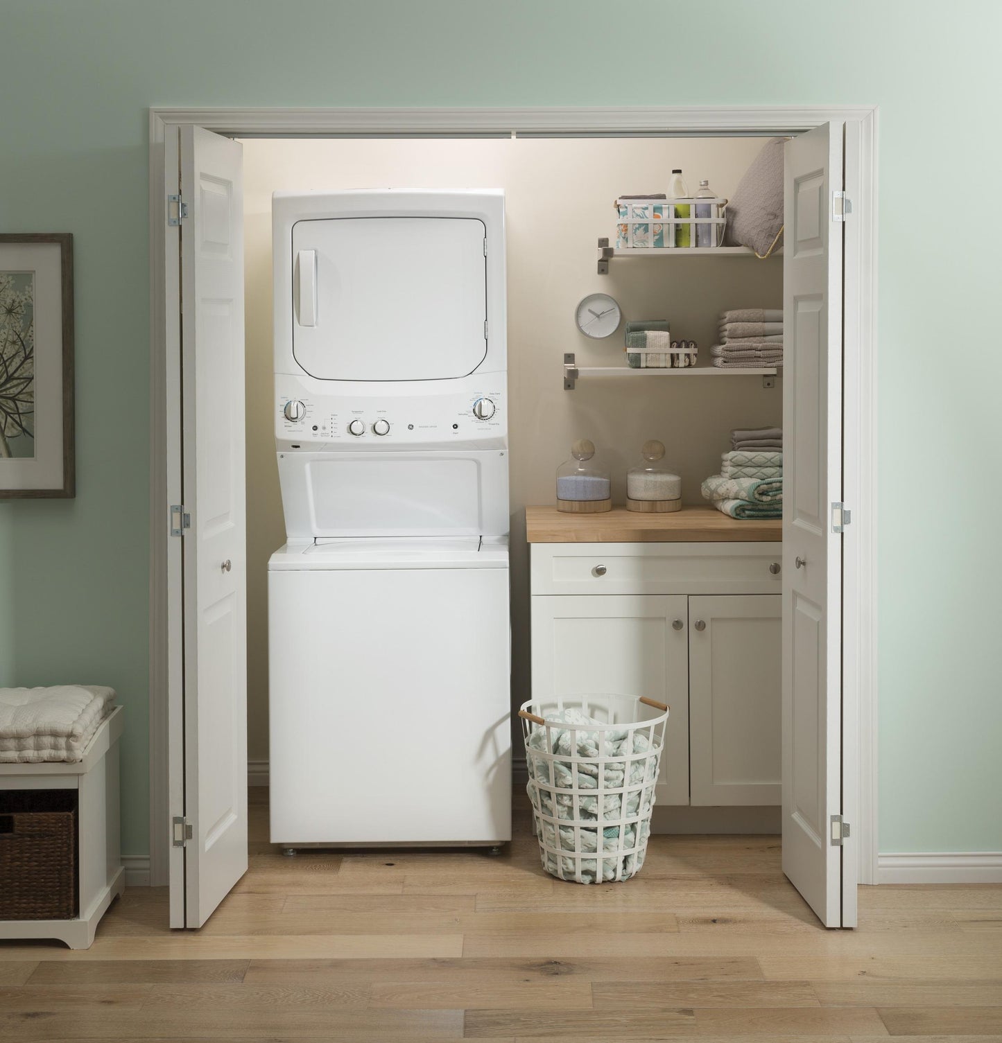 GUV27ESSMWW GE Unitized Spacemaker® 3.8 cu. ft. Capacity Washer with Stainless Steel Basket and 5.9 cu. ft. Capacity Long Vent Electric Dryer