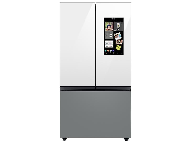 Bespoke 3-Door French Door Refrigerator (24 cu. ft.) - with Top Left and Family Hub™ Panel in White Glass - and Matte Grey Glass Bottom Door Panel