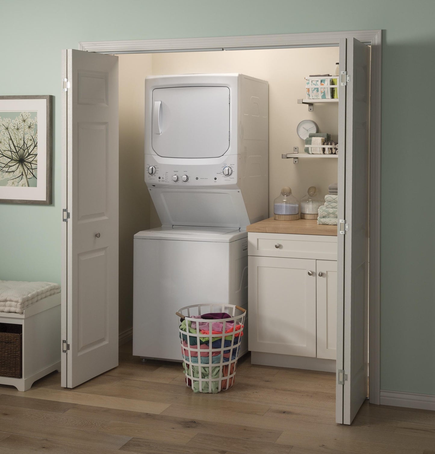 GUV27ESSMWW GE Unitized Spacemaker® 3.8 cu. ft. Capacity Washer with Stainless Steel Basket and 5.9 cu. ft. Capacity Long Vent Electric Dryer