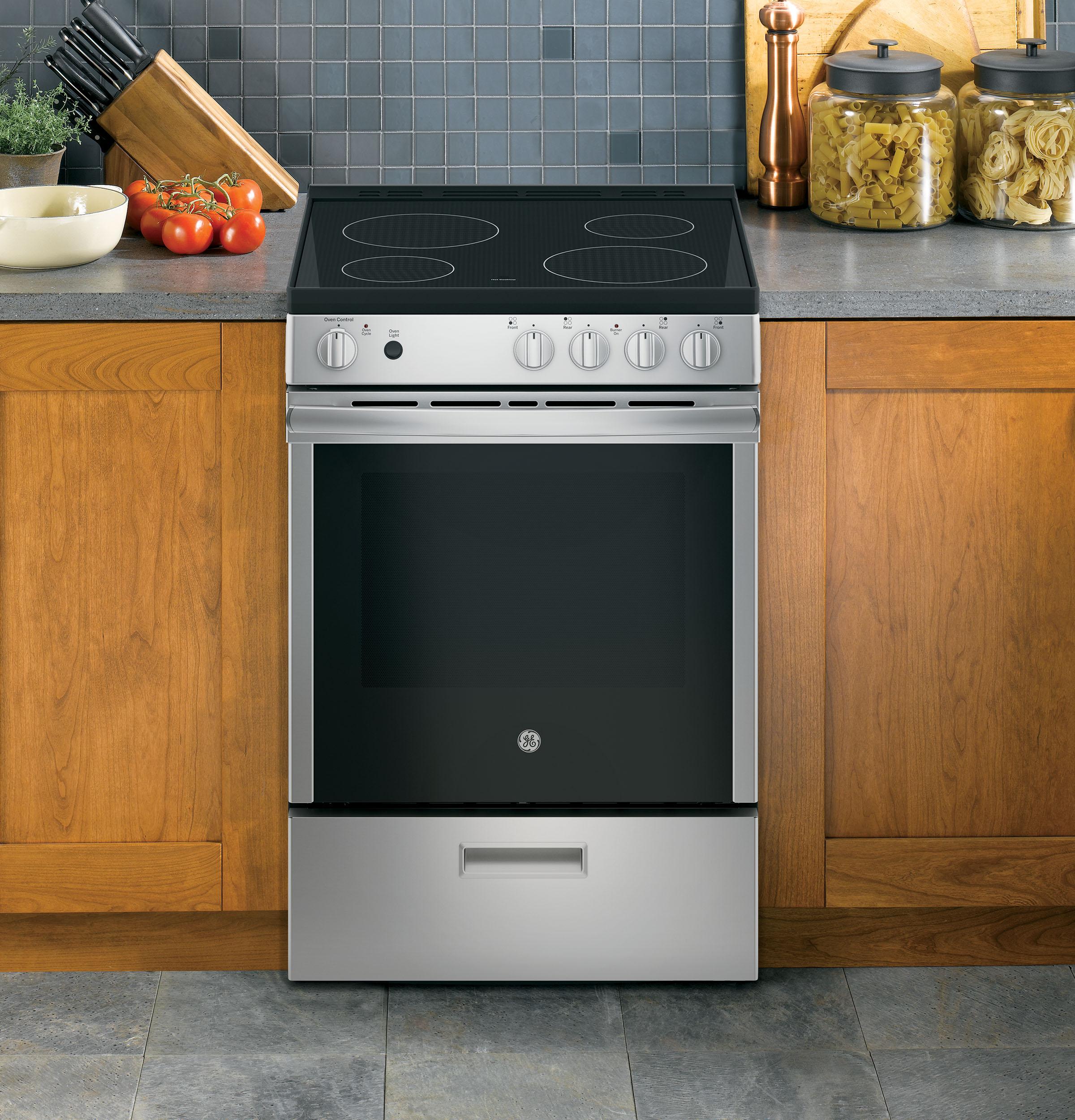 GE® 24" Free-Standing/Slide-in Front Control Range with Steam Clean and Large Window