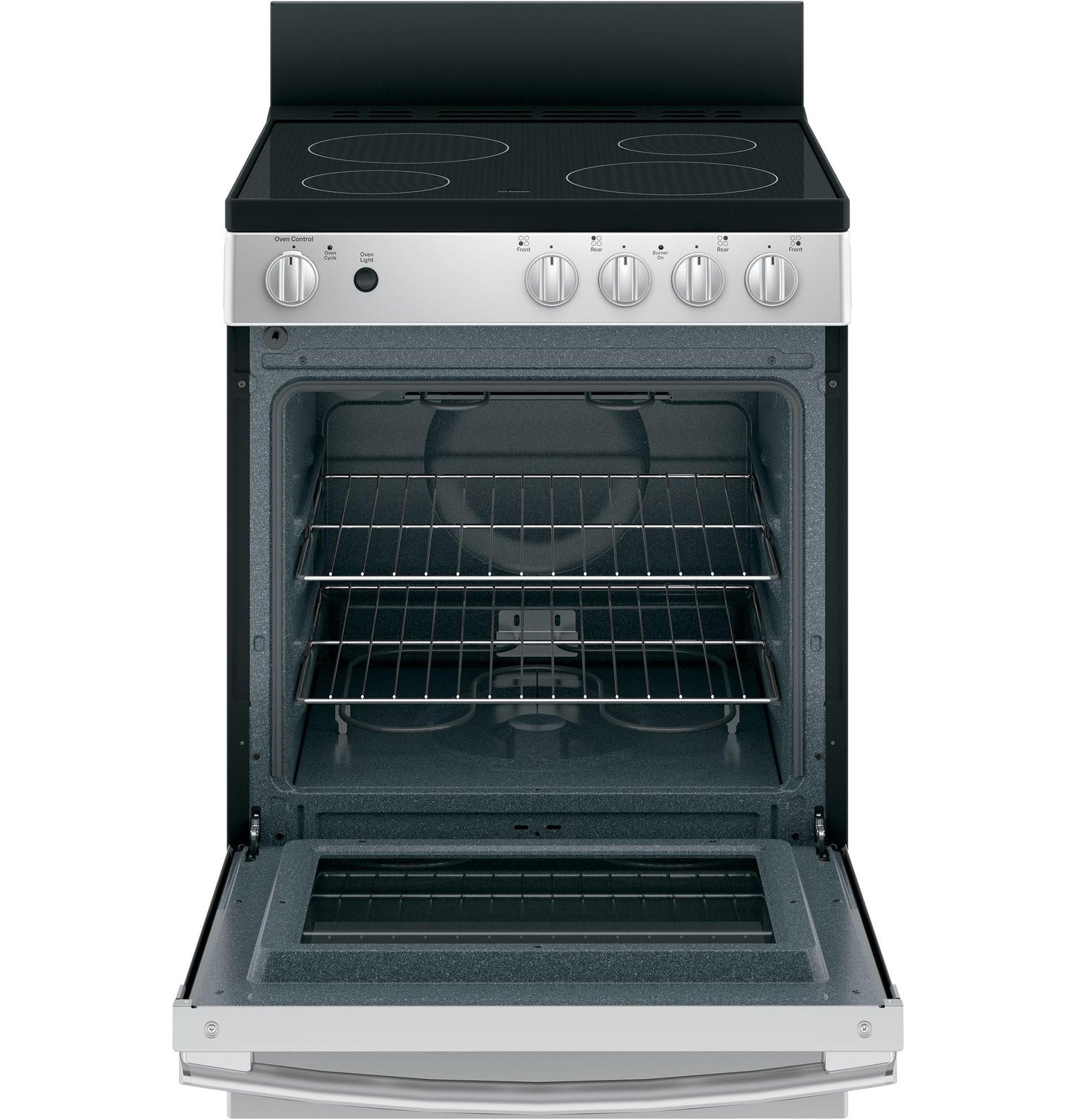 JAS640RMSS GE® ENERGY STAR® 24" Free-Standing/Slide-in Front Control Range with Steam Clean and Large Window