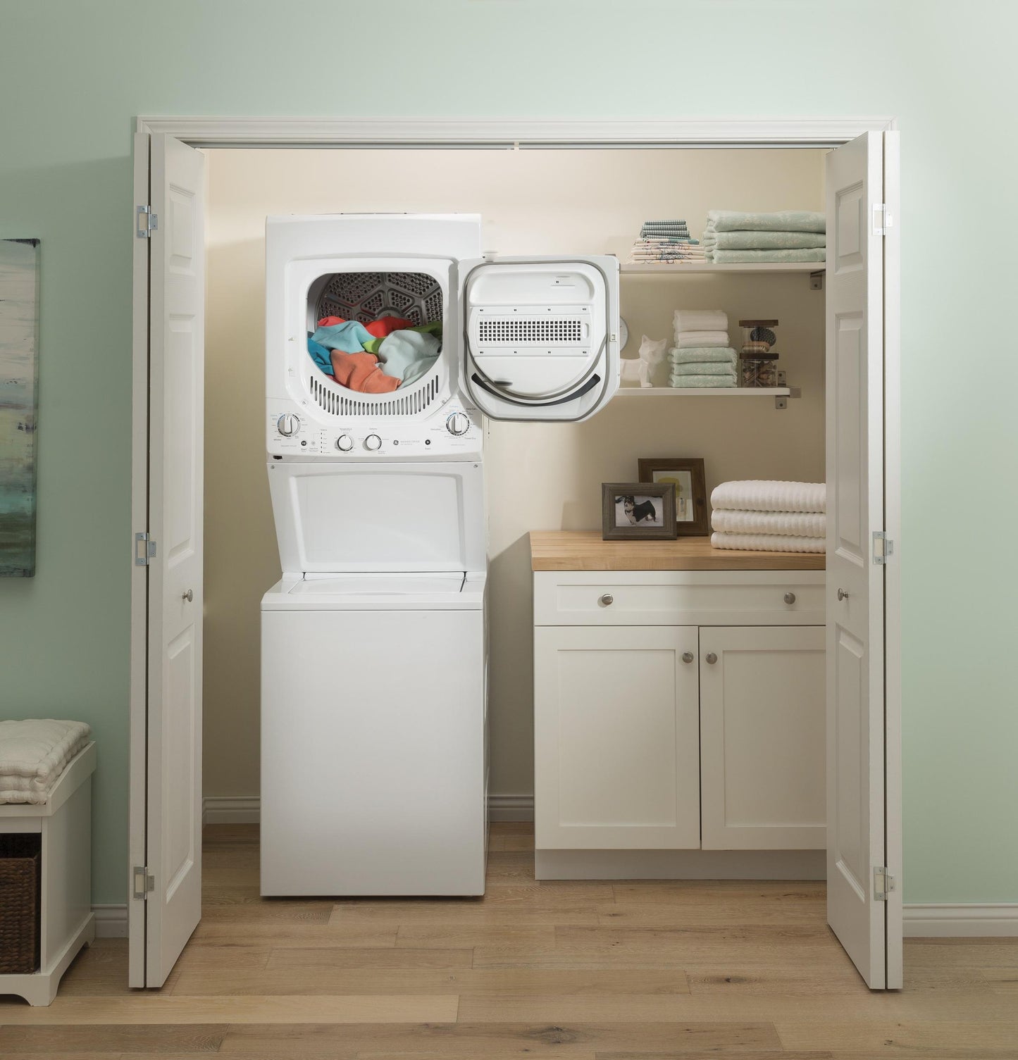 GUD24GSSMWW GE Unitized Spacemaker® 2.3 cu. ft. Capacity Washer with Stainless Steel Basket and 4.4 cu. ft. Capacity Gas Dryer