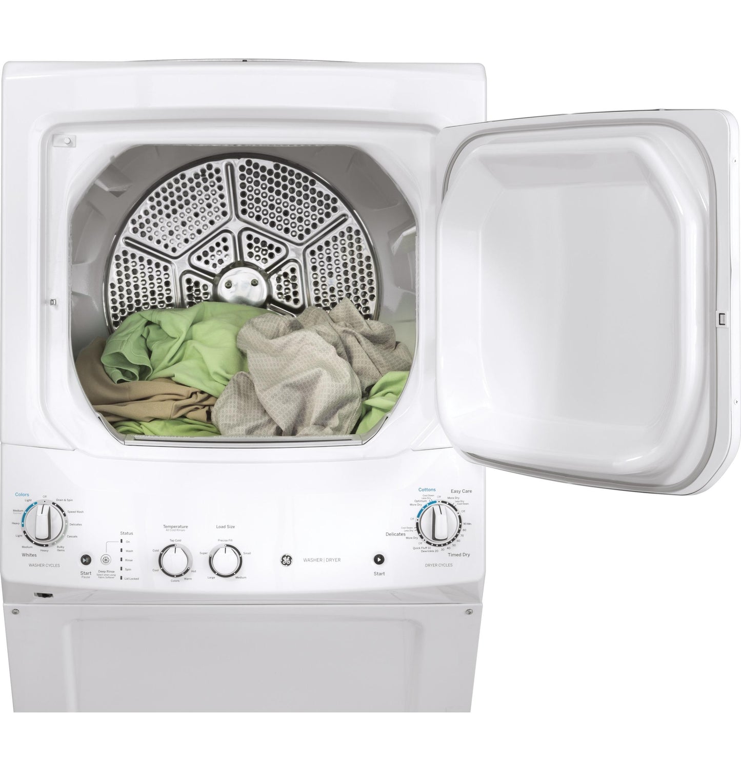 GUV27ESSMWW GE Unitized Spacemaker® 3.8 cu. ft. Capacity Washer with Stainless Steel Basket and 5.9 cu. ft. Capacity Long Vent Electric Dryer