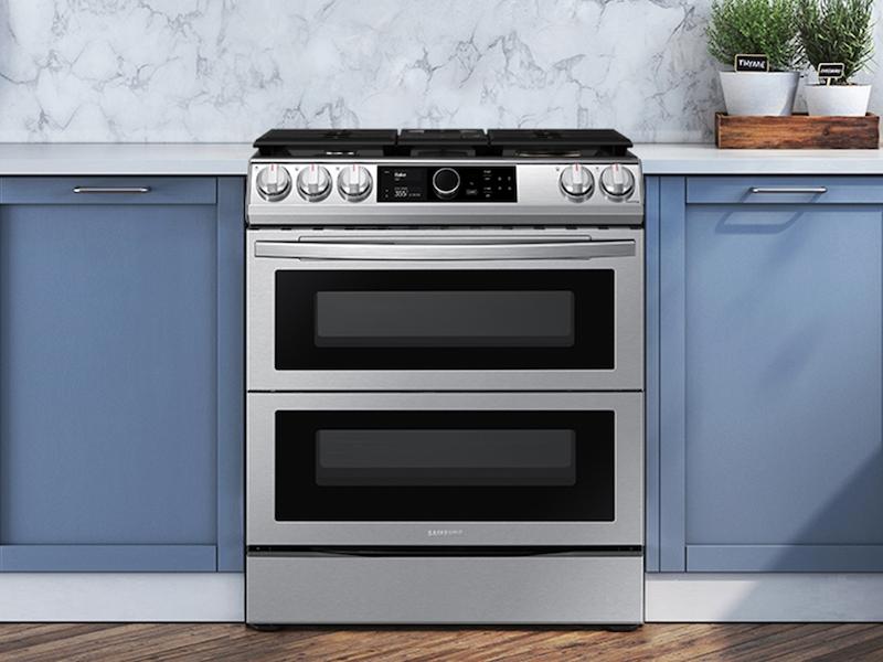 Samsung 6.3 cu. ft. Flex Duo™ Front Control Slide-in Dual Fuel Range with Smart Dial, Air Fry, and Wi-Fi in Stainless Steel