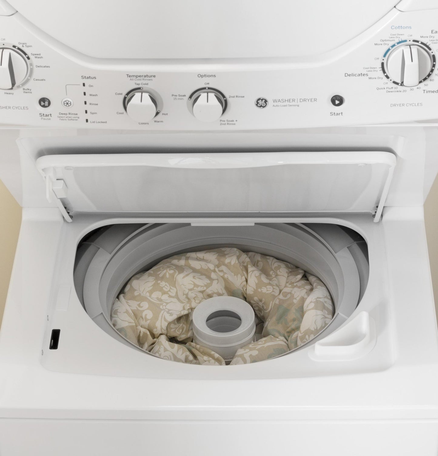 GUD24GSSMWW GE Unitized Spacemaker® 2.3 cu. ft. Capacity Washer with Stainless Steel Basket and 4.4 cu. ft. Capacity Gas Dryer